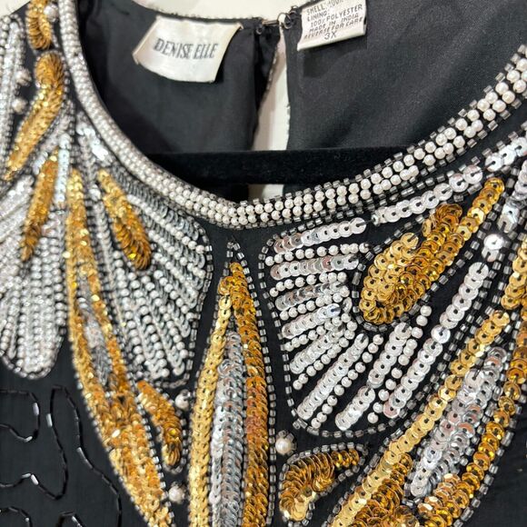 Vintage Denise Elle Beaded Sequin Top Womens 3X Gold Black Disco 80s Art Deco - Picture 6 of 13